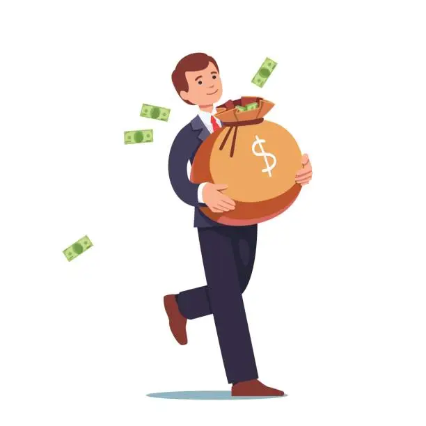 Vector illustration of Businessman carrying big sack full of cash money