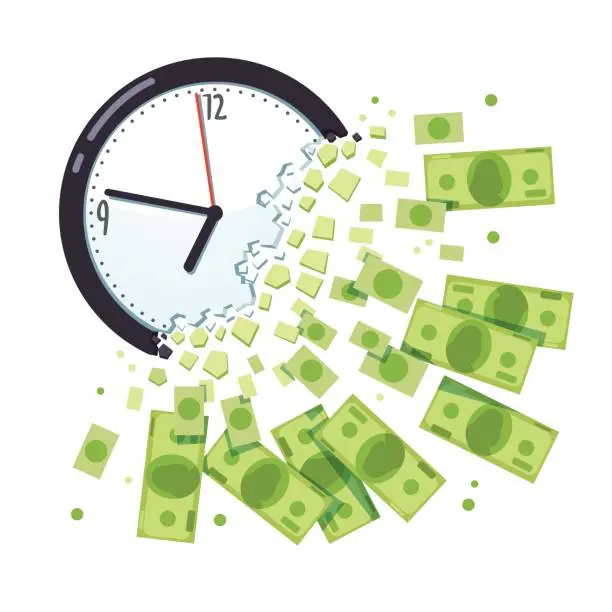 Vector illustration of Time is money concept. Clock breaking apart