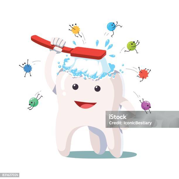 Happy White Tooth Brushing Himself With Toothbrush Stock Illustration - Download Image Now - Brushing Teeth, Clip Art, Cartoon