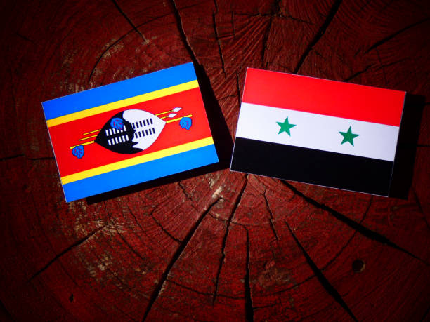 istock Swaziland flag with Syrian flag on a tree stump isolated 831629930