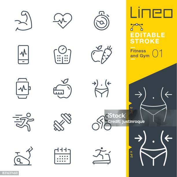 Lineo Editable Stroke Fitness And Gym Line Icons - Arte vetorial de stock e mais imagens de Ícone - Ícone, Estilo de vida saudável, Exercitar