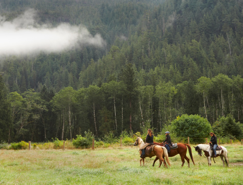 Family riding on horseback through argentinian hills. Vertical orientation. Copy space.