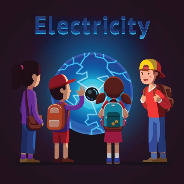 Kids touching plasma ball at electricity museum Kids group girls, boys watching, touching big plasma ball globe at electricity museum excursion. School students on field trip together. Educational science exhibition. Flat style vector illustration. field trip clip art stock illustrations