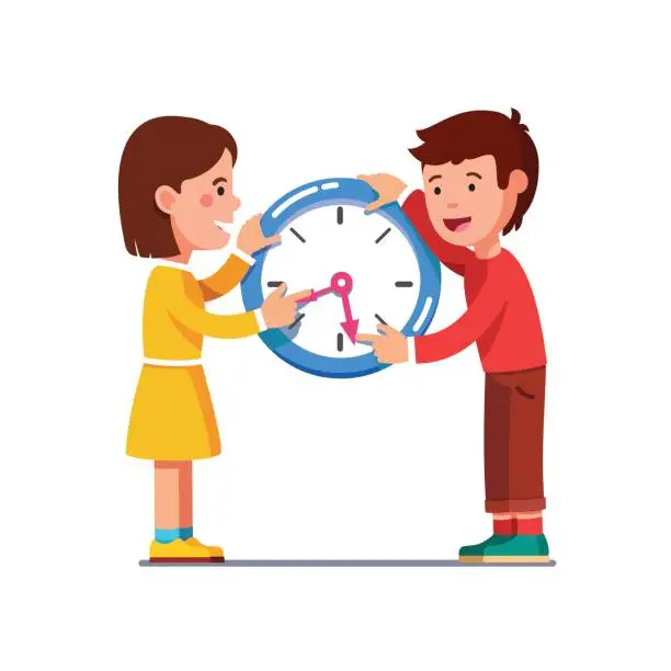 Vector illustration of School kids moving clock hands reading time