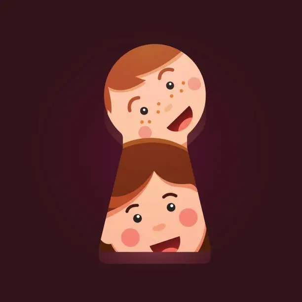 Vector illustration of Kids faces looking peeping through big keyhole