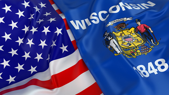 Close-up of USA flag with flag of Wisconsin