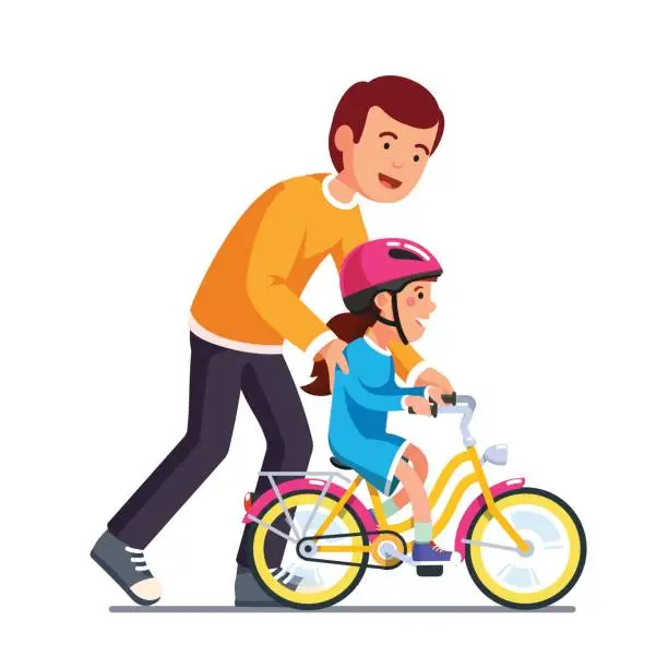 Vector illustration of Caring dad teaching daughter to ride bike