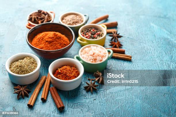 Spices And Condiments In Small Bowls Stock Photo - Download Image Now - Spice, India, Kitchen