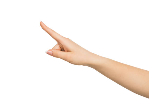 istock Hand gestures - woman pointing away, isolated 831638516