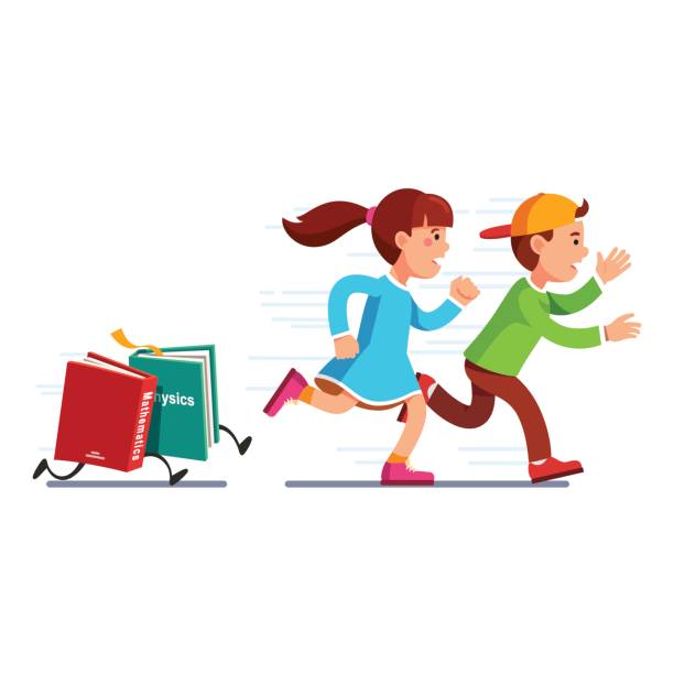 clipart do my homework School students girl and boy running from books Scared school students running from books math, physics full of knowledge. Boy, girl escaping science classes. Homework textbooks chasing pupils. Education stress. Flat vector isolated illustration. kid doing homework clip art stock illustrations