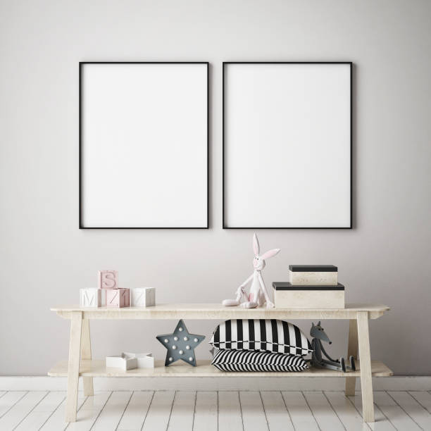 istock mock up poster frames in children bedroom, Scandinavian style interior background, 3D render 831639350