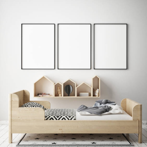 istock mock up poster frames in children bedroom, Scandinavian style interior background, 3D render 831639384