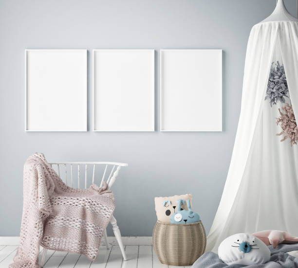 mock up poster frames in children bedroom, Scandinavian style interior background, 3D render