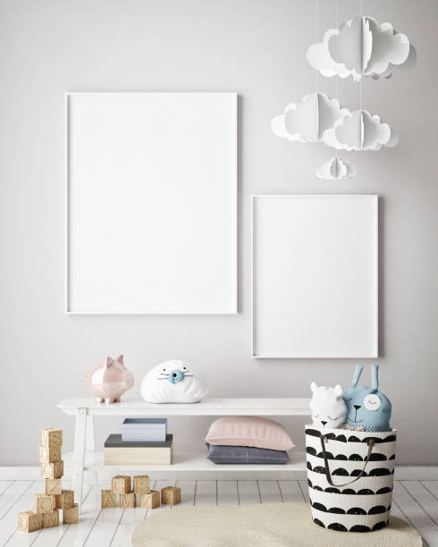 istock mock up poster frames in children bedroom, Scandinavian style interior background, 3D render 831639394