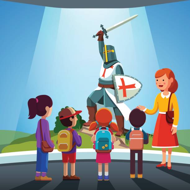 Kids watching templar knight at historical museum Group of kids girls, boys watching armored templar knight with helmet, sword, shield at historical museum excursion. School students field trip together with teacher woman. Flat vector illustration. parent guide stock illustrations
