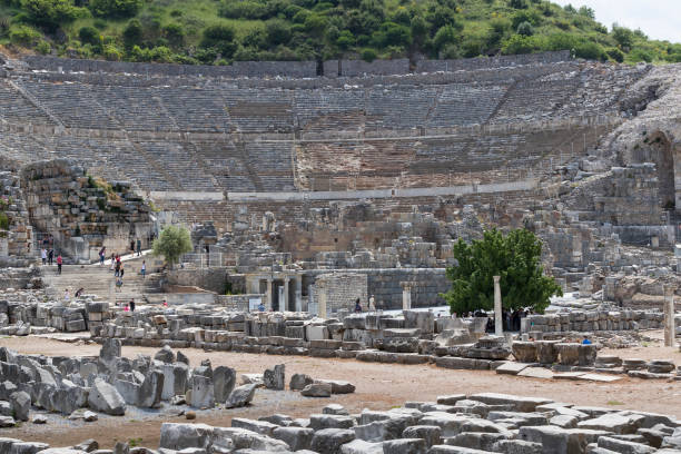 The ruins of the ancient antique city of Ephesus the library building of Celsus, The ruins of the ancient antique city of Ephesus the library building of Celsus, the amphitheater temples and columns. Candidate for the UNESCO World Heritage List Izmir stock pictures, royalty-free photos & images