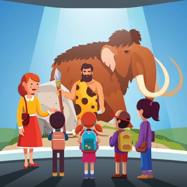 Kids watching big mammoth and caveman at museum Group of kids girls, boys watching big mammoth and prehistoric primitive caveman on display at anthropology museum. School students on field trip together with teacher. Flat style vector illustration. field trip clip art stock illustrations