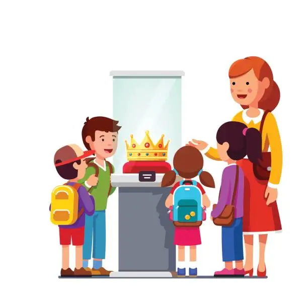 Vector illustration of Kids watching golden crown at historical museum