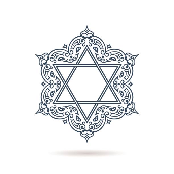 Star of David. Vector Jewish ornament. Blue icon on white background Star of David. Vector Jewish ornament. Blue icon on white background with shadow. Hexagonal emblem with oriental traditional black decor solomon stock illustrations