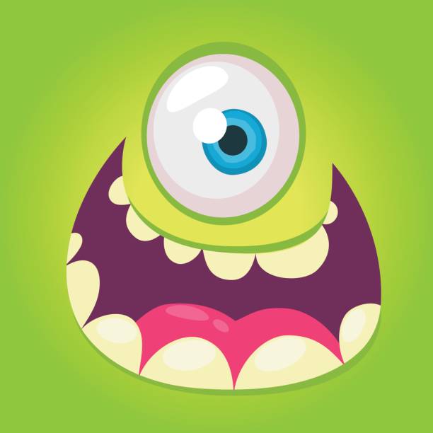 ilustrações, clipart, desenhos animados e ícones de rosto do monstro dos desenhos animados. vector avatar de monstro verde cool halloween com sorriso largo. grande conjunto de faces de monstro - monster set pattern green