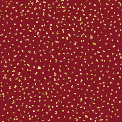 Golden glitter seamless pattern. Abstract snow background on red. Luxury gold decorative print for Christmas gift paper, Happy New Year greeting card. Irregular dot sparkles. Vector illustration.