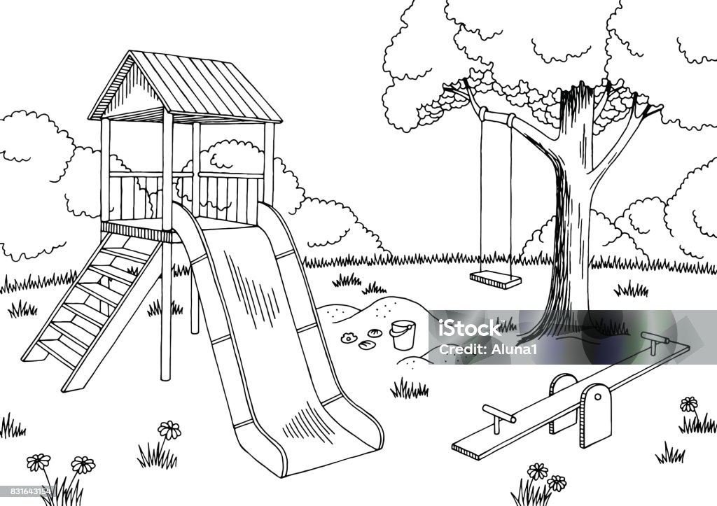 Paysage de blanc noir graphic Playground croquis vector illustration - clipart vectoriel de Aire de jeux libre de droits