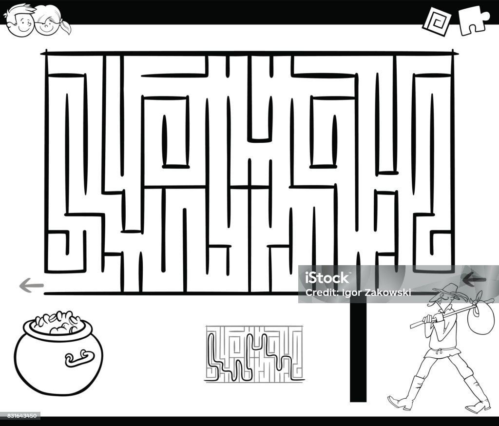 maze activity game with wanderer Black and White Cartoon Illustration of Education Maze or Labyrinth Game for Children with Wanderer Fantasy Character and Treasure Coloring Page Black And White stock vector