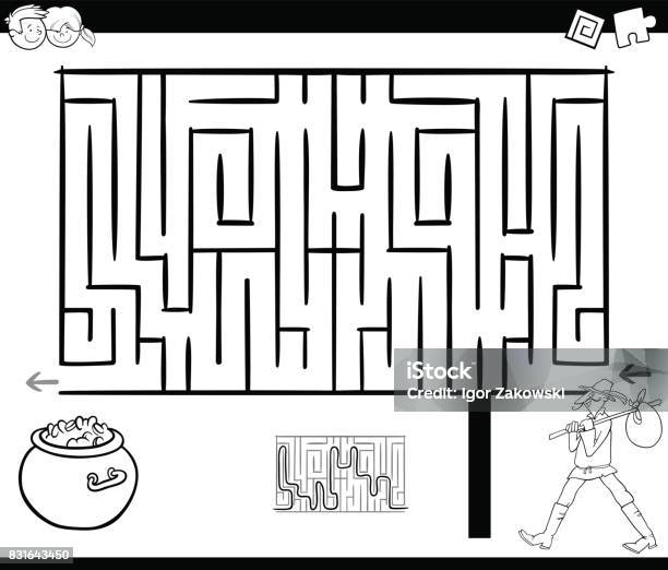 Maze Activity Game With Wanderer Stock Illustration - Download Image Now - Black And White, Book, Building Entrance