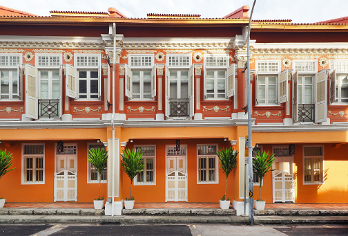 Singapore - JUNE  17 2015: Singapore local vintage buiding with orange color theme in Chinatown Singapore
