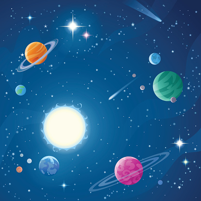 Vector illustration of a cartoon space scene full of planets, stars, astroids, nebulas and comets. Concept and background topics related to space, space exploration and observation and astronomy.