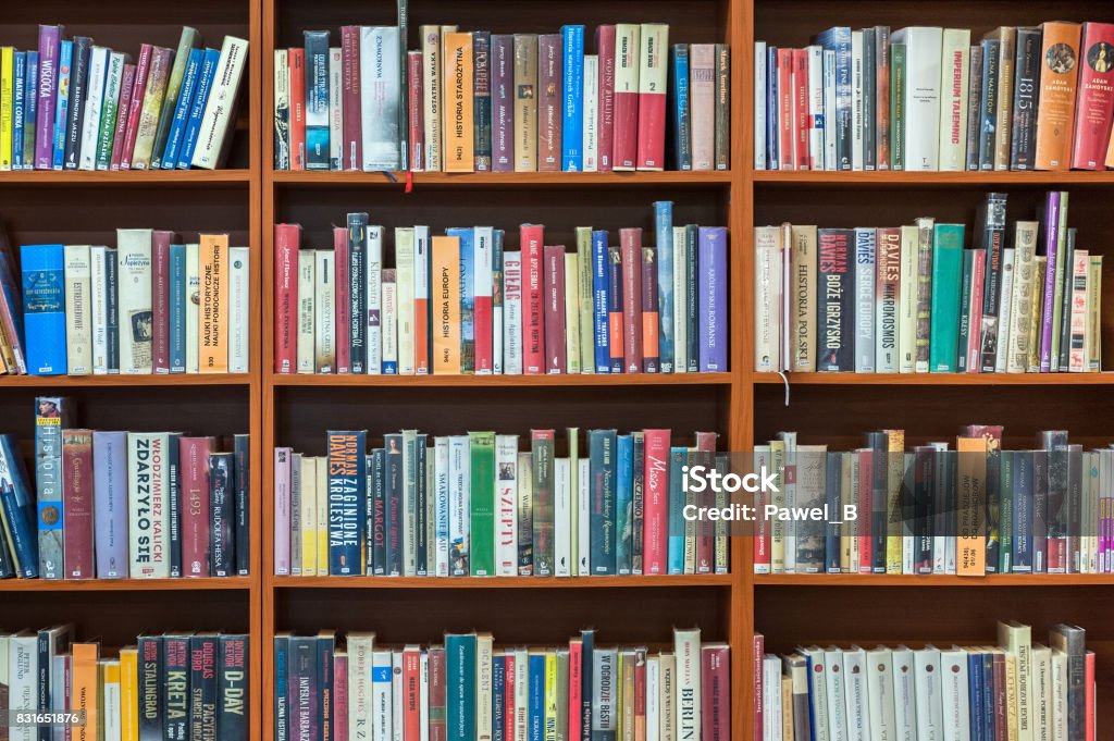 Bookshelf in public library Bookshelf in public library, front view, horizontal Library Stock Photo