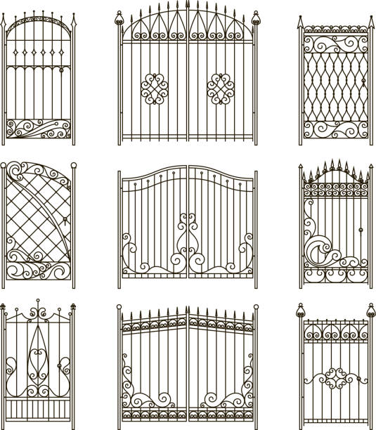 ilustrações de stock, clip art, desenhos animados e ícones de vector pictures of iron doors or gates with swirls, borders and other decorative elements - iron gate