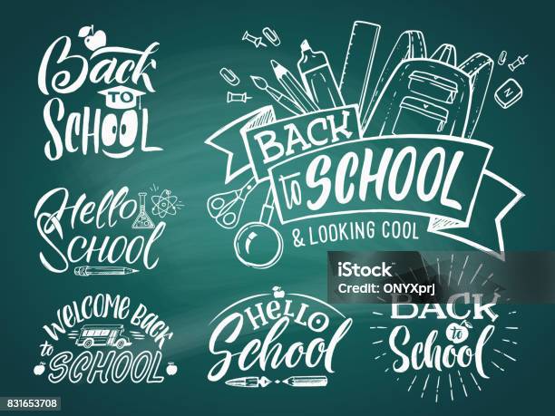 為學校和大學設置的老式會徽歡迎來到學校向量手寫話向量圖形及更多重返校園圖片 - 重返校園, 文字, 黑板