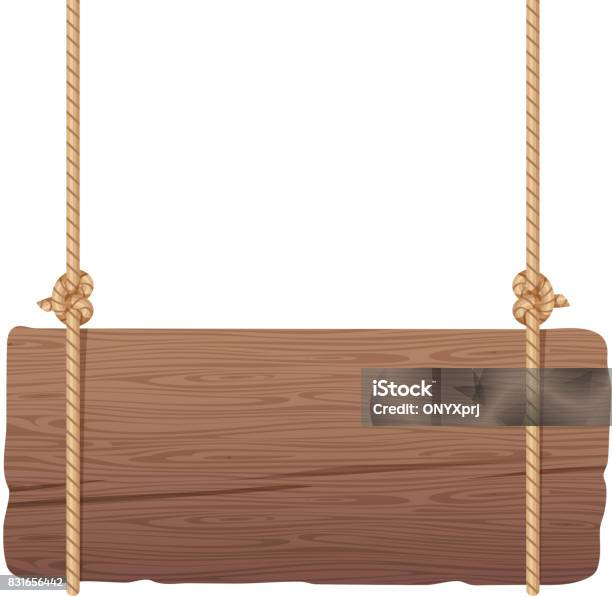 Wooden Singboard Hanging On Ropes Stock Illustration - Download Image Now - Wood - Material, Sign, Rope