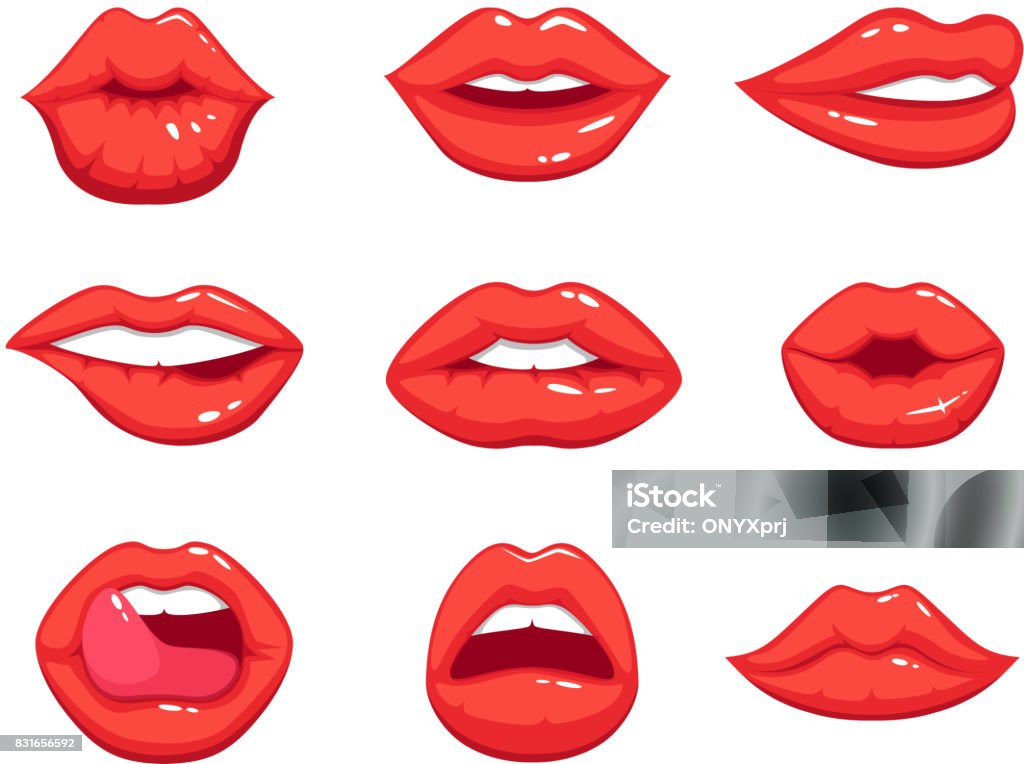 Makeup illustrations in cartoon style. Beautiful smiling sexy female lips Makeup illustrations in cartoon style. Beautiful smiling sexy female lips. Makeup sexy, smile girl kiss lips vector Human Lips stock vector