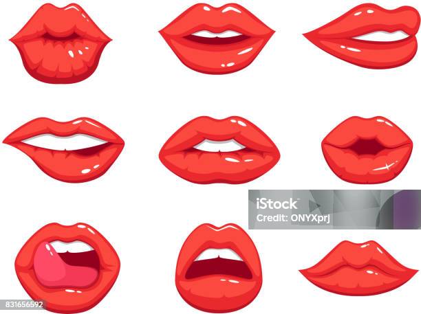Makeup Illustrations In Cartoon Style Beautiful Smiling Sexy Female Lips Stock Illustration - Download Image Now