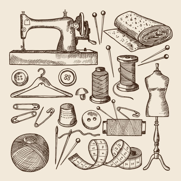 ilustrações, clipart, desenhos animados e ícones de conjunto de símbolos de costura vintage. vector fotos estilo desenhado na mão - sewing machine sewing sewing item needle