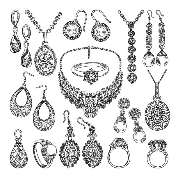 Golden and silver jewelry. Different diamonds and crystals. Hand drawing illustrations Golden and silver jewelry. Different diamonds and crystals. Hand drawing illustrations jewelry drawing, illustration of sketch jewel and gem ear piercing clip art stock illustrations