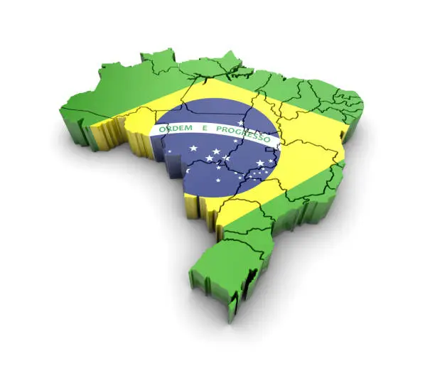 Brazil map with flag and shadow on white background. 3D rendering.