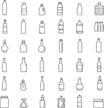 Set of isolated water and alcohol bottle icon on white background