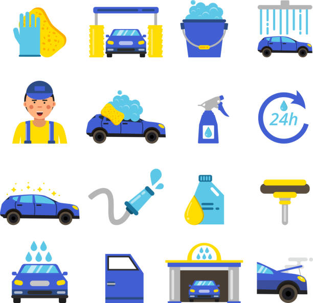 illustrations, cliparts, dessins animés et icônes de vecteur d’équipement de lavage de voiture. service de nettoyage pour automobiles - car cleaning blue water
