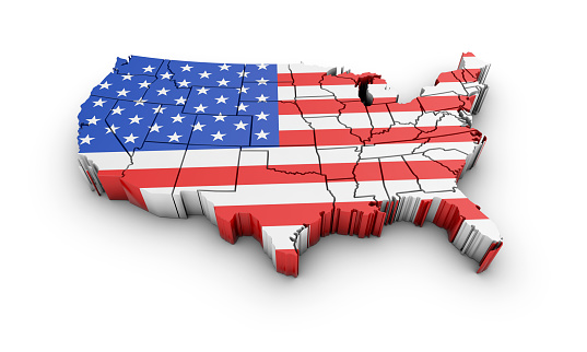 USA map with flag and shadow on white background. 3D rendering.