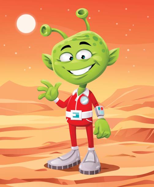 Life On Mars Vector illustration of a smiling green alien in a red space suit, standing in front of a martian landscape, waving at the camera. animal antenna stock illustrations