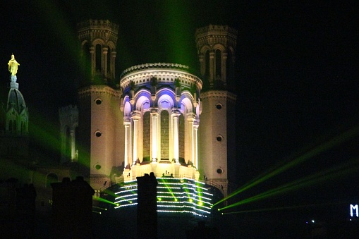 France, lyon - cathedral of Notre Dame de Fourvière illuminated during the festival of lights
