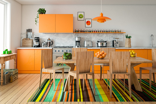 Digitally generated contemporary domestic kitchen interior design.