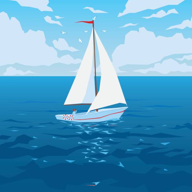 weißes boot mit segel und rote fahne. - segeln stock-grafiken, -clipart, -cartoons und -symbole