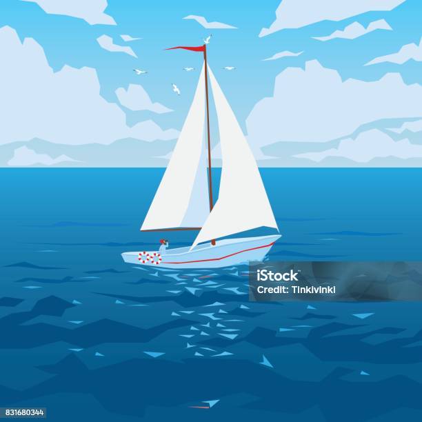 White Boat With Sail And Red Flag Stock Illustration - Download Image Now - Sailboat, Sailing, Yacht