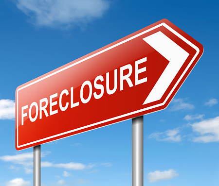 3d Illustration depicting a sign with a foreclosure concept.