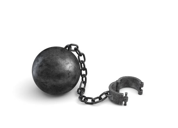 istock 3d rendering of a large black ball and chain connected to an open cuff lying on white background 831683624