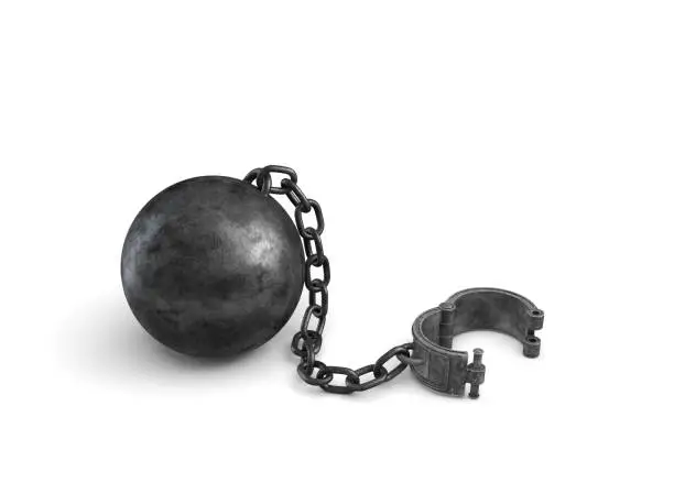 Photo of 3d rendering of a large black ball and chain connected to an open cuff lying on white background
